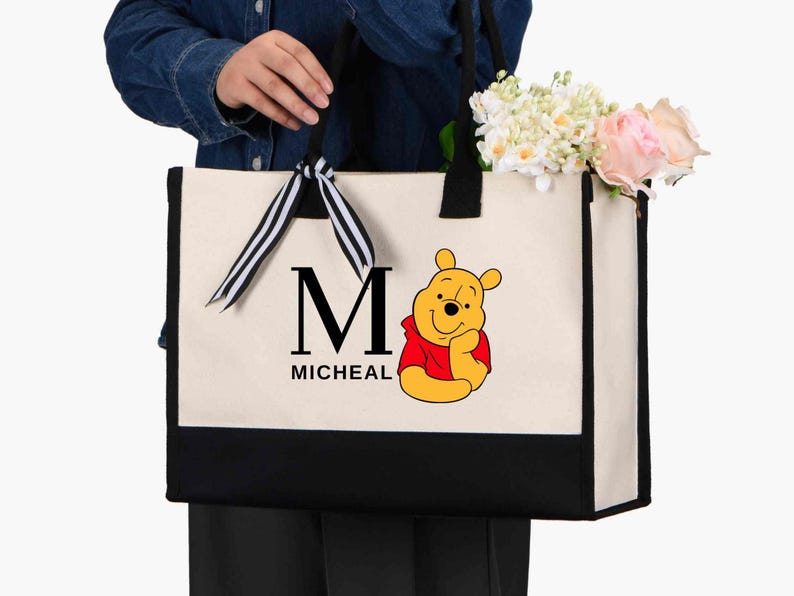 Custom Monogram Winnie The Pooh Bag, Personalized Name Disney Tote, Library Book Bag, Teacher Gift image 3