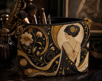 Art Nouveau Portrait Makeup Bag: Gold and Black Mosaic Pouch with Zipper