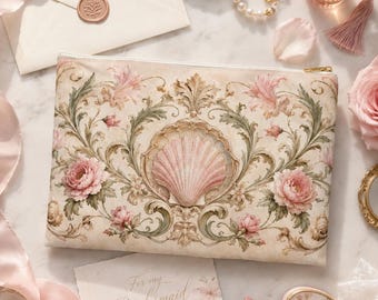 Vintage Baroque Pink Shell Makeup Bag: Elegant Floral Cosmetic Pouch with Gold Zipper