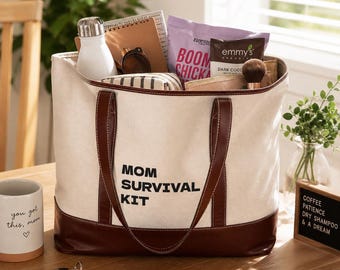 Personalized Mom Survival Kit Tote, Cream Canvas Faux Leather Trim Handbag