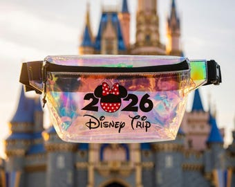 Disney 2026 Trip Transparent Fanny Pack | Mickey Minnie Mouse Clear Belt Bag Iridescent Disney World Vacation Waist Bag Disneyland Gift