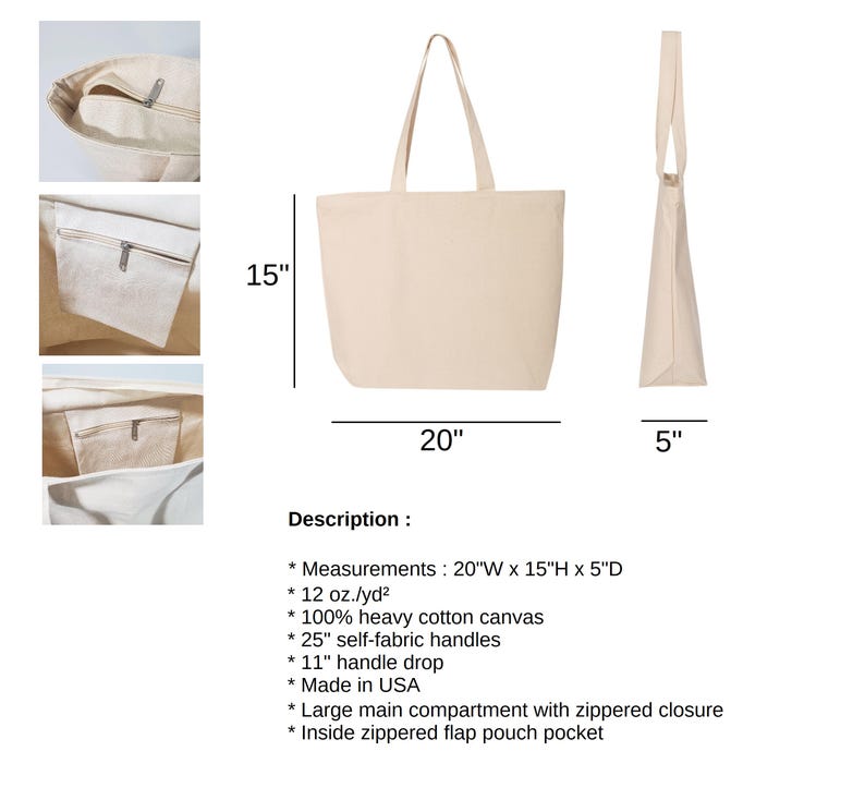 the measurements of a canvas tote bag