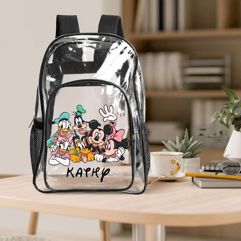 Juego de 3 mochilas transparentes de Mickey Mouse Friends: mochila transparente personalizada, bolsa para el almuerzo y estuche para lápices. Juego de mochilas escolares Disney para niños. imagen 8