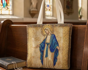 Catholic Virgin Mary Blue Gold Polyester Tote Bag with Boxed Corners Medium