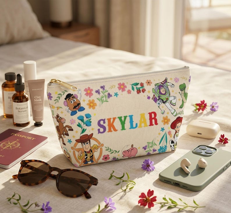 Puede incluir: Un neceser beige con cremallera dorada, con coloridos dise&ntilde;os florales y personajes de Toy Story. El nombre "SKYLAR" est&aacute; impreso en letras de arco&iacute;ris. Otros art&iacute;culos incluyen gafas de sol, pasaporte y productos para el cuidado de la piel.