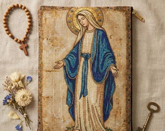 Etui Onze-Lieve-Vrouw van Genade, make-uptasje Maagd Maria, katholiek rozenkransdoosje, vintage christelijke portemonnee, cadeau doopbevestiging