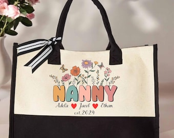 Personalized Floral Canvas Tote Bag: Custom Mama, Grandma, Nanny Gift