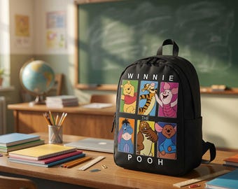 Disney Winnie the Pooh Tigger Eeyore Piglet Black Oxford Polyester USB School Backpack 17"