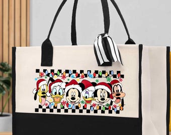 Mickey and Friends Christmas Tote Bag, Disney Christmas Tote, Holiday Tote Bag, Christmas Gift, Xmas Shopping Bag, Large Tote Bag Ribbon