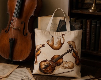 Vintage Cello Cats Tote Bag – Auburn Watercolor Music Lover Accessory