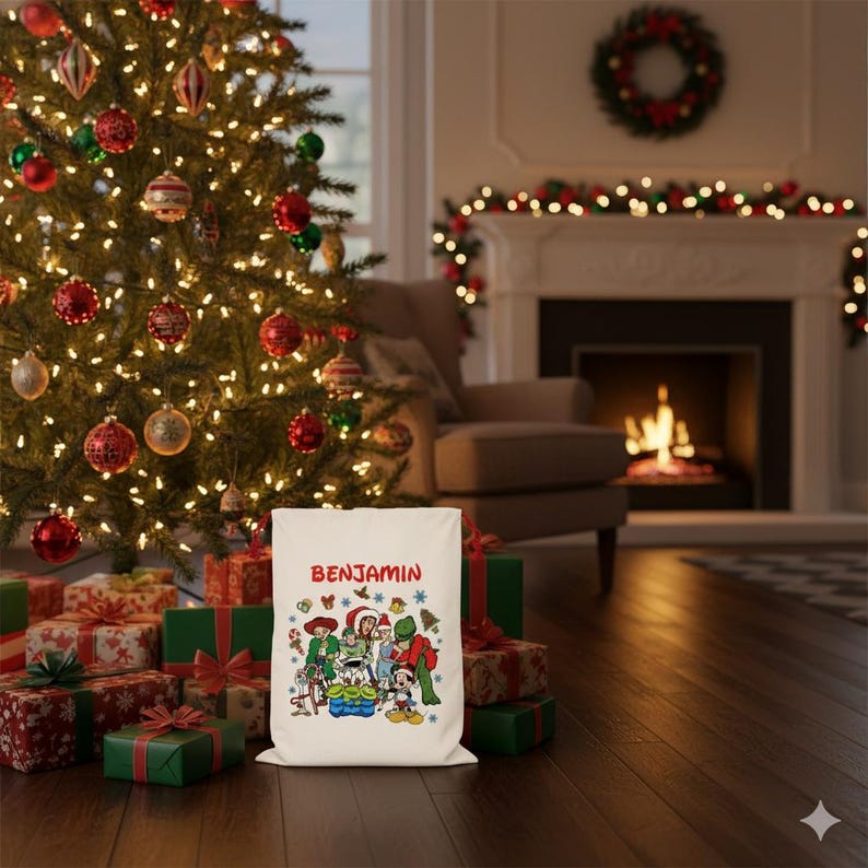 May include: A cream-colored Christmas gift bag with the name "BENJAMIN" in red. The bag features a colorful cartoon illustration of characters. The bag is in front of a decorated Christmas tree and wrapped gifts.