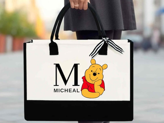 Custom Monogram Winnie The Pooh Bag, Personalized Name Disney Tote, Library Book Bag, Teacher Gift