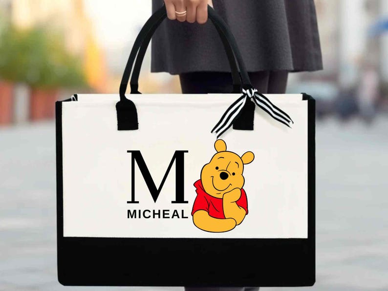 Custom Monogram Winnie The Pooh Bag, Personalized Name Disney Tote, Library Book Bag, Teacher Gift image 1