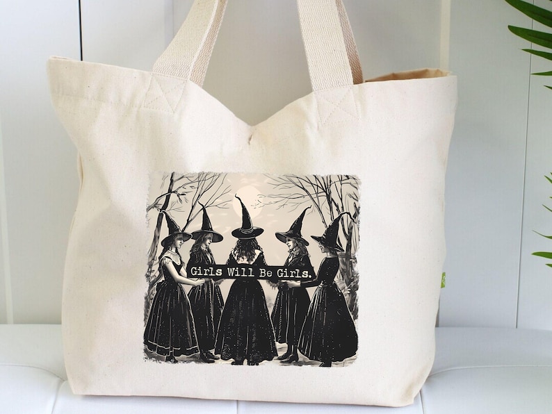 Vintage Girls Will Be Girls Witch Tote Bag, Halloween Gift image 2