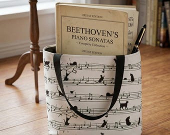Cat Music Sheet Tote Bag Piano Teacher Gift Musician Tote Music Notes Cat Lover Bag Music Student Gift Aesthetic Music Bag Violinist Gift