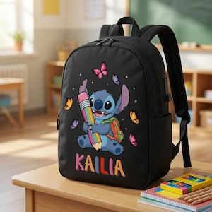 Custom Disney Stitch Black Oxford Polyester USB School Backpack 17" Large
