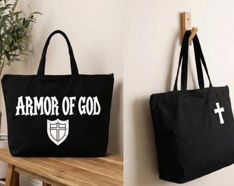 Armor of God Tote, Christian Shield Cross Zippered Bag, Bible Verse Ephesians 6 Scripture, Faith Based Religious Canvas, Church Bag