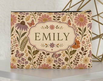 Floral Name Monogram Accessory Pouch | Personalized Cosmetic Bag