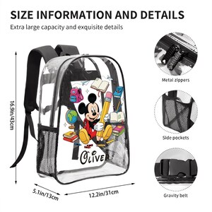 Personalized Mickey Mouse Clear Backpack for Kids – Custom Disney Transparent School Bag with Side Pockets, Cute Back To School Gift Bag image 4
