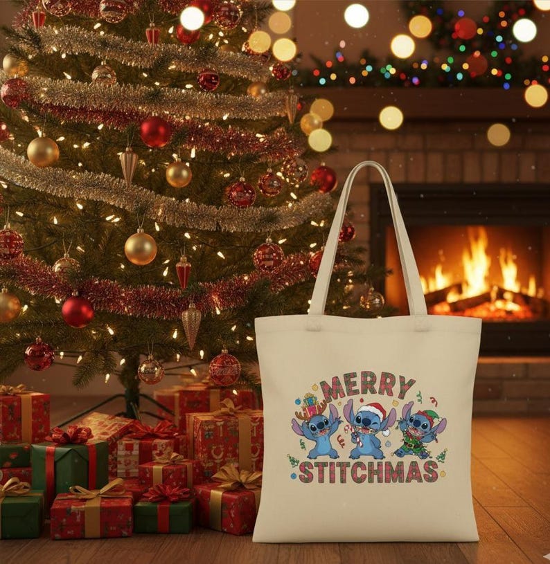 Merry Stitchmas Cotton Tote Bag – Holiday Disney Gift image 1