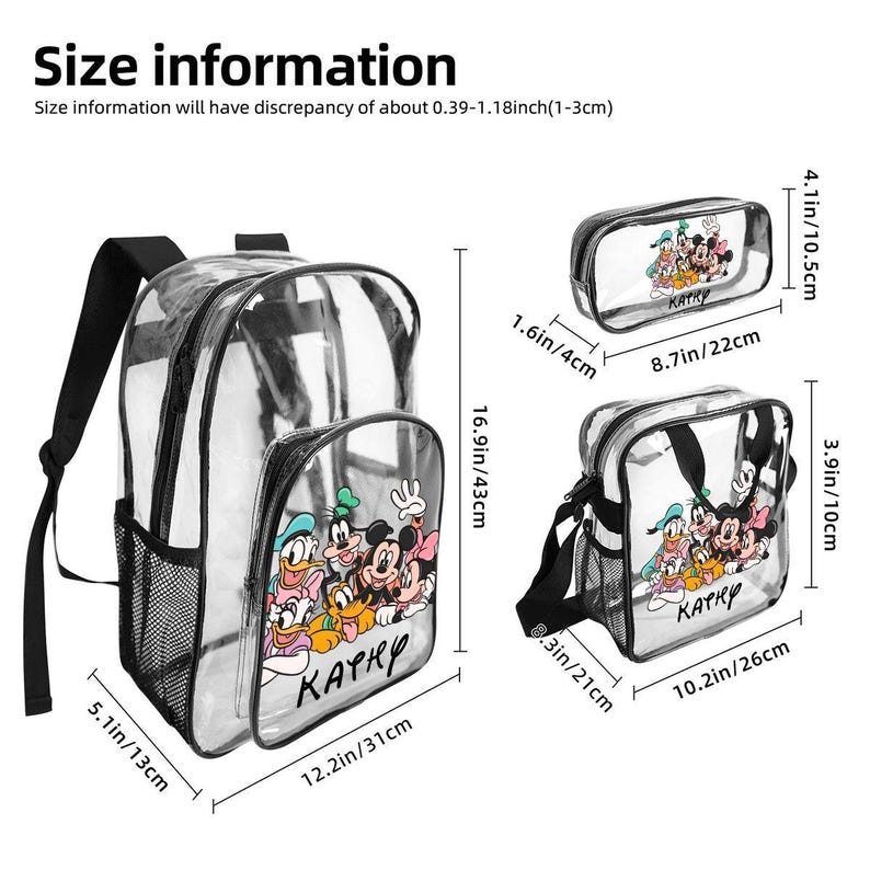 Juego de 3 mochilas transparentes de Mickey Mouse Friends: mochila transparente personalizada, bolsa para el almuerzo y estuche para lápices. Juego de mochilas escolares Disney para niños. imagen 3