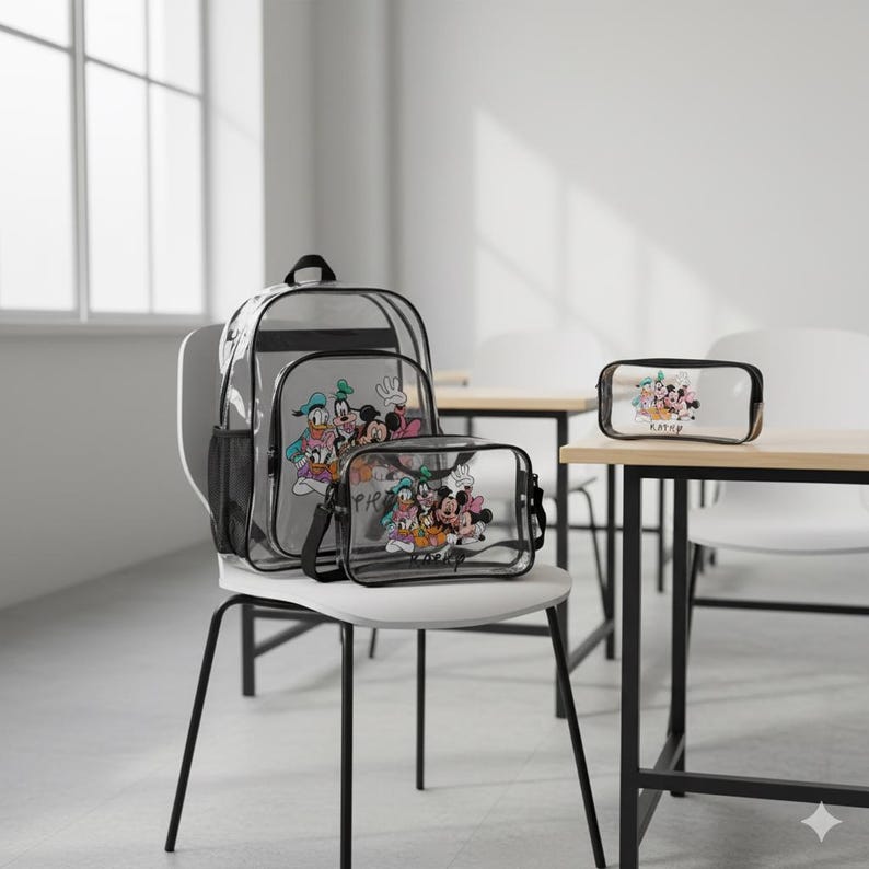 Puede incluir: Un juego de mochila, bolsa de almuerzo y estuche transparente con un gr&aacute;fico colorido de Mickey Mouse y sus amigos. La mochila y la bolsa de almuerzo est&aacute;n en una silla blanca. El estuche est&aacute; en un escritorio de madera.