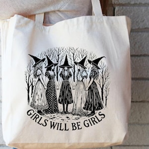 Vintage Witch Tote Bag: Girls Will Be Girls, Feminist Gift image 1