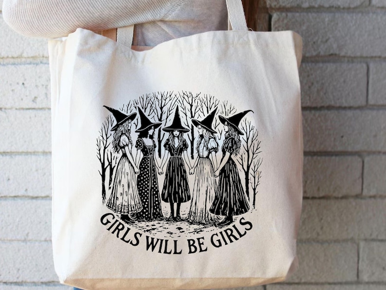 Vintage Witch Tote Bag: Girls Will Be Girls, Feminist Gift image 1
