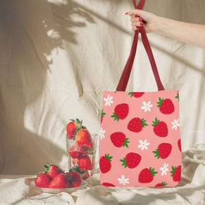 Strawberry Tote Bag, Cute Farmers Market Bag, Reusable Grocery Tote, Eco Friendly Shopper Bag, Summer Bag, Strawberry Lover Gift,Spring Tote