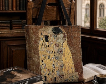 Gustav Klimt The Kiss Woven Tote Bag: Art Nouveau Gold Tapestry Shoulder Purse