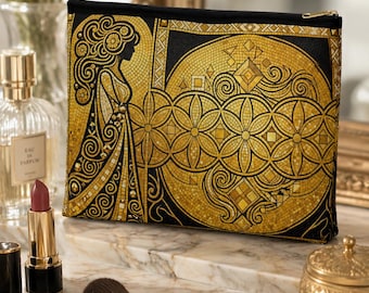 Art Nouveau Mosaic Makeup Bag: Gold and Black Cosmetic Pouch with Zipper