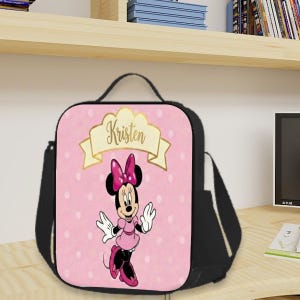 Bolsa de almuerzo isotérmica personalizada de Minnie Mouse de Disney, color rosa con lunares, para niñas. imagen 4
