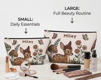 Personalized Disney Bambi Makeup Bag, Custom Woodland Deer Pouch, Bunny Mushroom Cosmetic Bag Small Large