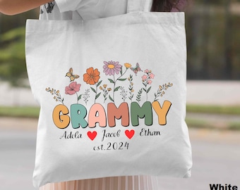 Personalized Floral Grammy Tote Bag, Custom Grandkids Names, Mother's Day Gift