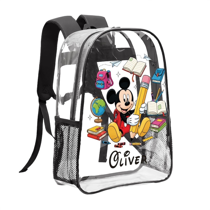 Personalized Mickey Mouse Clear Backpack for Kids – Custom Disney Transparent School Bag with Side Pockets, Cute Back To School Gift Bag image 2