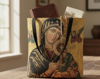 Madonna and Child Icon Woven Tote | Catholic Byzantine Mosaic Art Tote