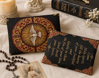Holy Spirit Dove Catholic Prayer Script Black Polyester Rosary Accessory Pouch Gold Zipper