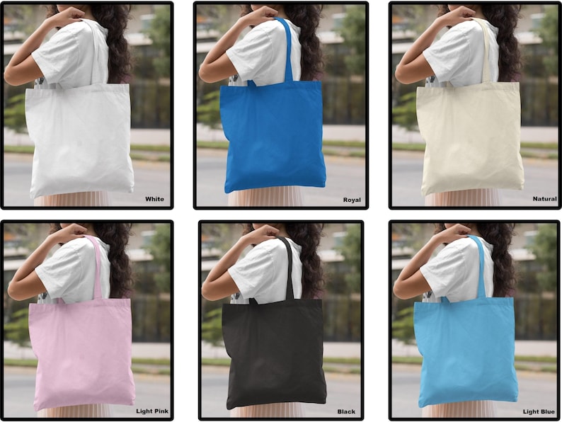 May include: Six tote bags in different colours: white, royal blue, natural, light pink, black, and light blue. Each bag has matching handles. The bags are displayed against a neutral background.