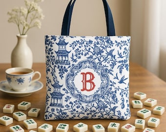Chinoiserie Mahjong Tile Canvas Tote - Reisetasche mit Monogramm