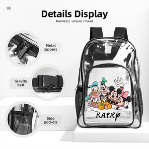Juego de 3 mochilas transparentes de Mickey Mouse Friends: mochila transparente personalizada, bolsa para el almuerzo y estuche para lápices. Juego de mochilas escolares Disney para niños. imagen 4