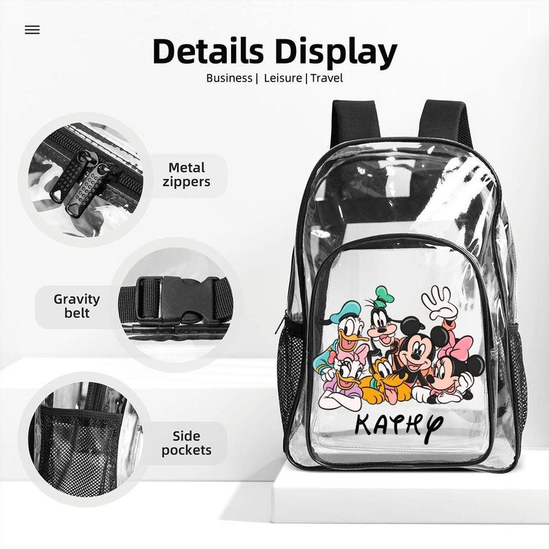 Juego de 3 mochilas transparentes de Mickey Mouse Friends: mochila transparente personalizada, bolsa para el almuerzo y estuche para lápices. Juego de mochilas escolares Disney para niños. imagen 4