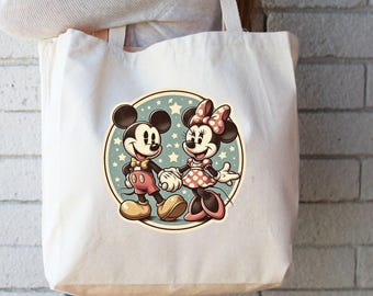 Vintage Mickey and Minnie Mouse Canvas Tote Bag with Zipper