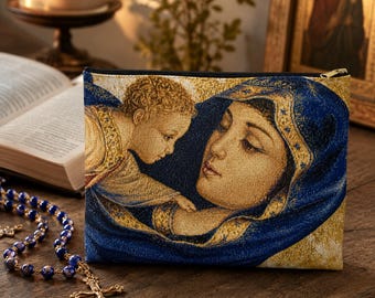 Catholic Madonna and Child Orthodox Cross Spun Polyester Accessory Rosary Pouch Gold Zipper