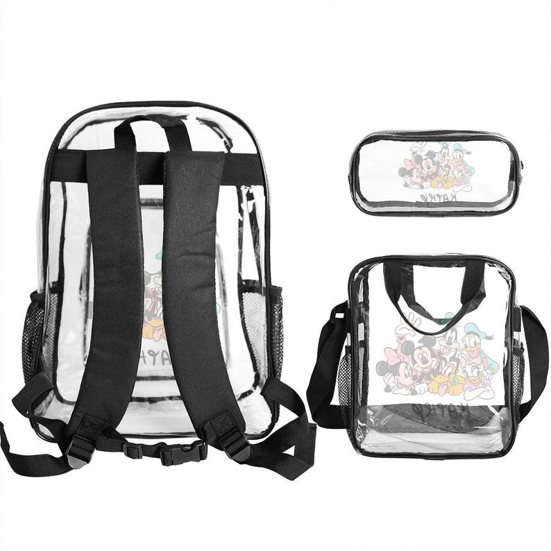 Juego de 3 mochilas transparentes de Mickey Mouse Friends: mochila transparente personalizada, bolsa para el almuerzo y estuche para lápices. Juego de mochilas escolares Disney para niños. imagen 10