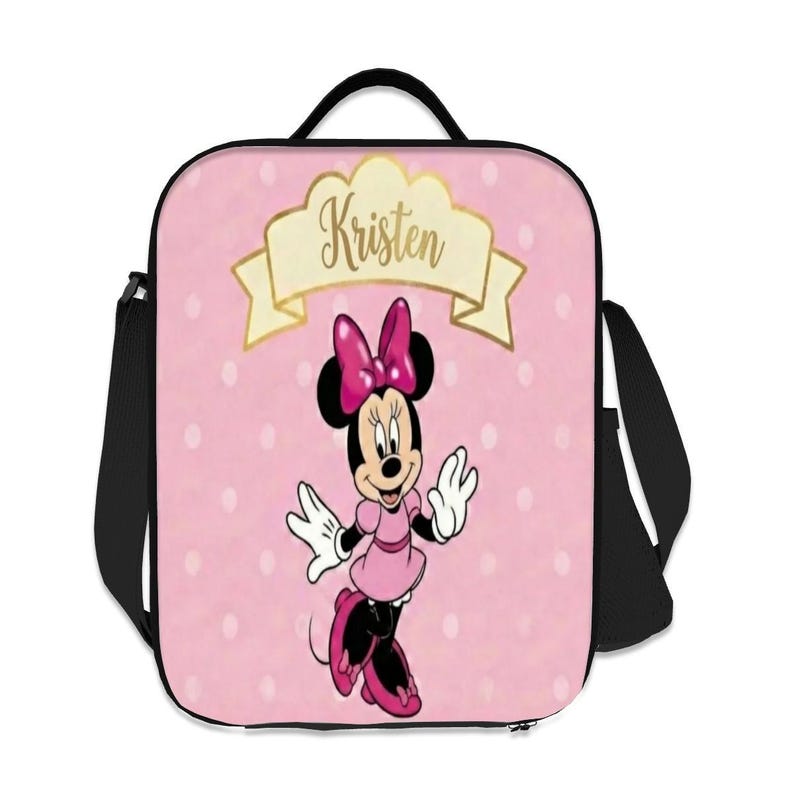 Bolsa de almuerzo isotérmica personalizada de Minnie Mouse de Disney, color rosa con lunares, para niñas. imagen 7