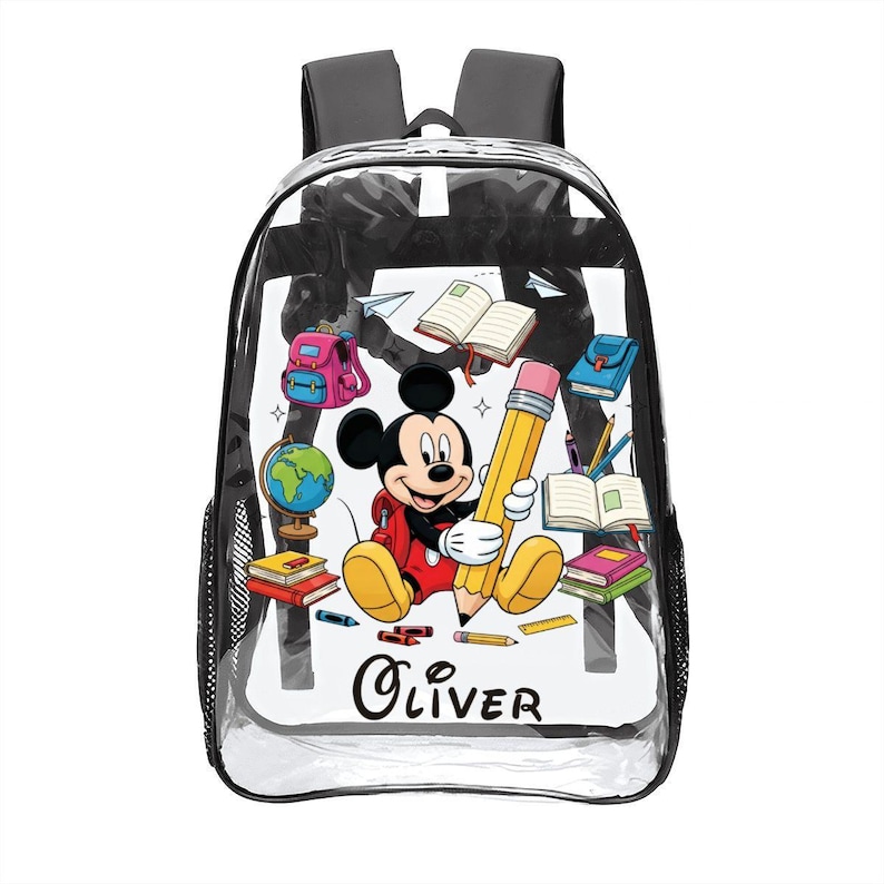 Personalized Mickey Mouse Clear Backpack for Kids – Custom Disney Transparent School Bag with Side Pockets, Cute Back To School Gift Bag image 1