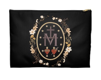 Sacred Marian Crest Accessory Pouch | Floral Rosary Heart Emblem