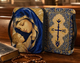 Catholic Madonna and Child Orthodox Cross PU Leather Bible Case Zipper Handle Organizer
