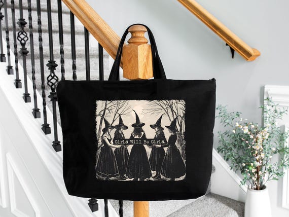 Vintage Girls Will Be Girls Witch Tote Bag, Halloween Gift
