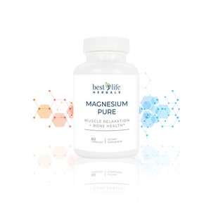 May include: White bottle with a green leaf logo and the text "best life HERBALS" on the label. The bottle contains Magnesium Pure dietary supplement capsules. The label also states "MUSCLE RELAXATION + BONE HEALTH" and "60 CAPSULES".